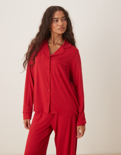 ASOS DESIGN super soft long sleeve shirt & pants pajama set in red