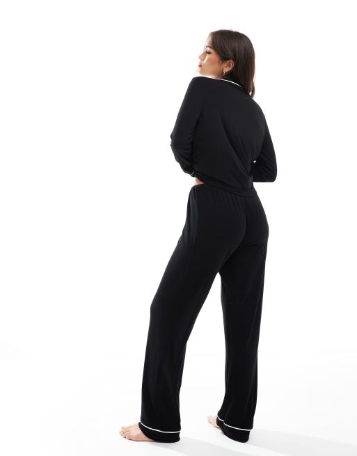 ASOS DESIGN super soft long sleeve shirt & pants pajama set with contrast piping in black, 3 of 4