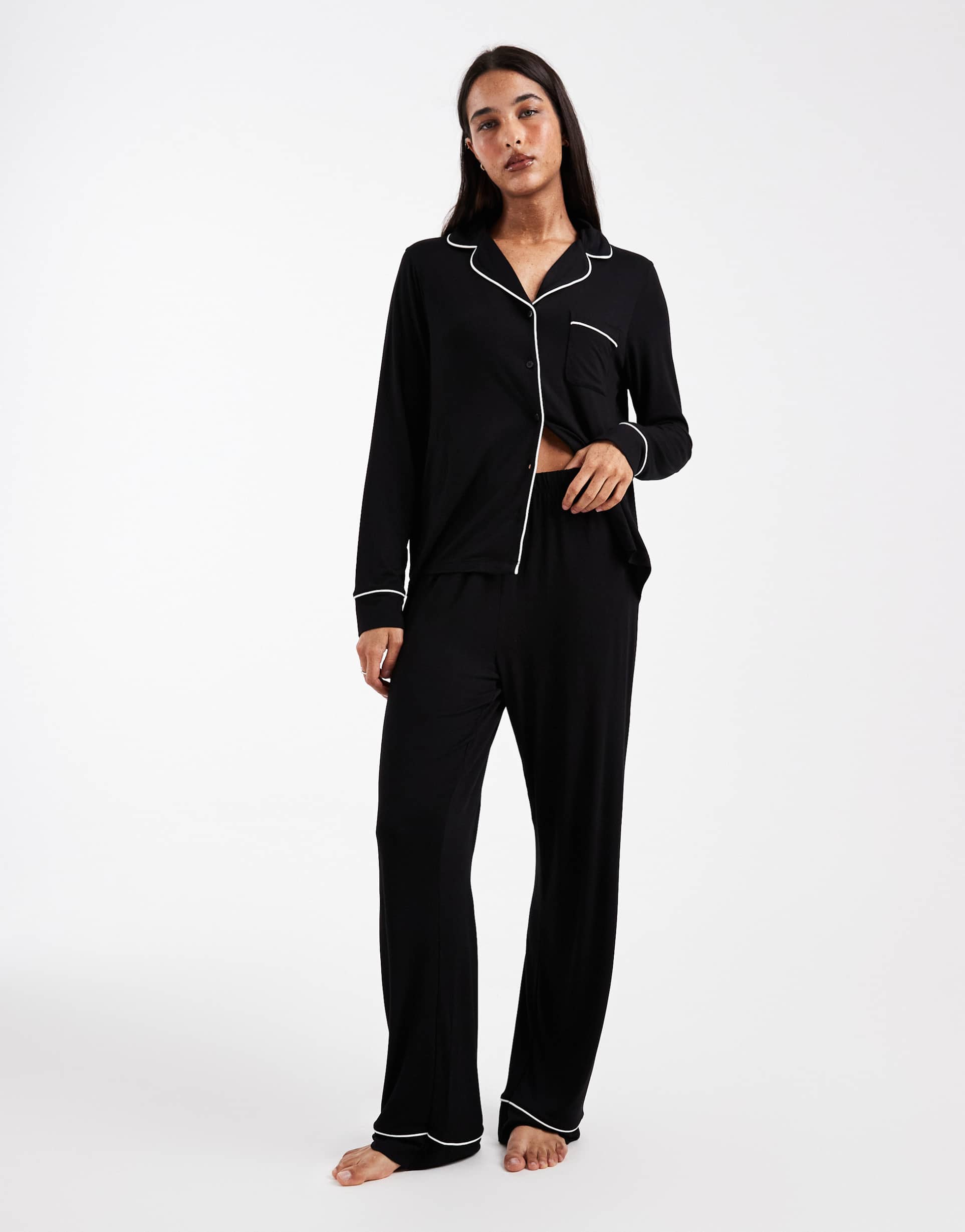asos design super soft long sleeve shirt & pants pajama set with contrast piping in black