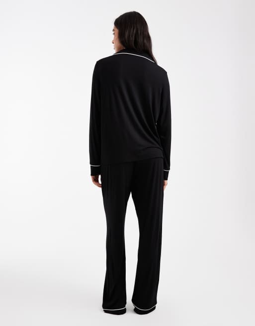 ASOS DESIGN super soft long sleeve shirt & pants pajama set with contrast piping in black, 4 of 4