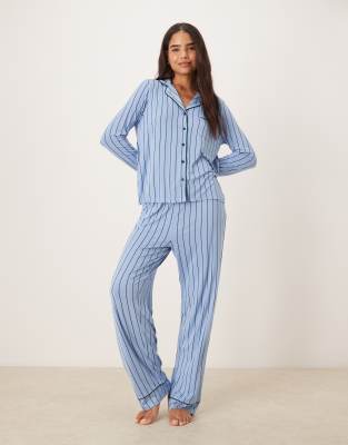 ASOS DESIGN super soft long sleeve shirt & pants pajama set with contrast piping in blue & green stripe