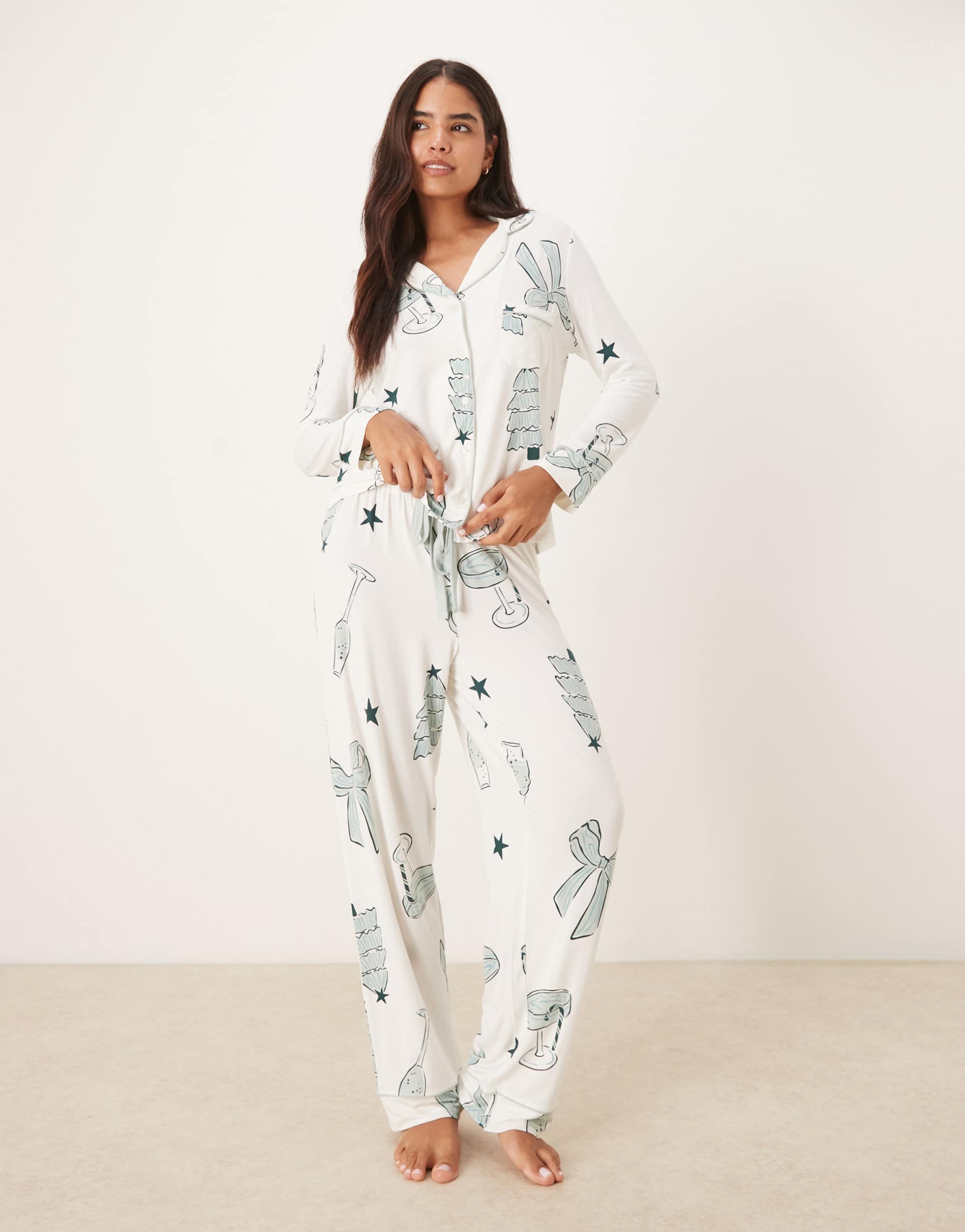 asos design super soft long sleeve shirt & pants pajama set with contrast piping in christmas drinks print