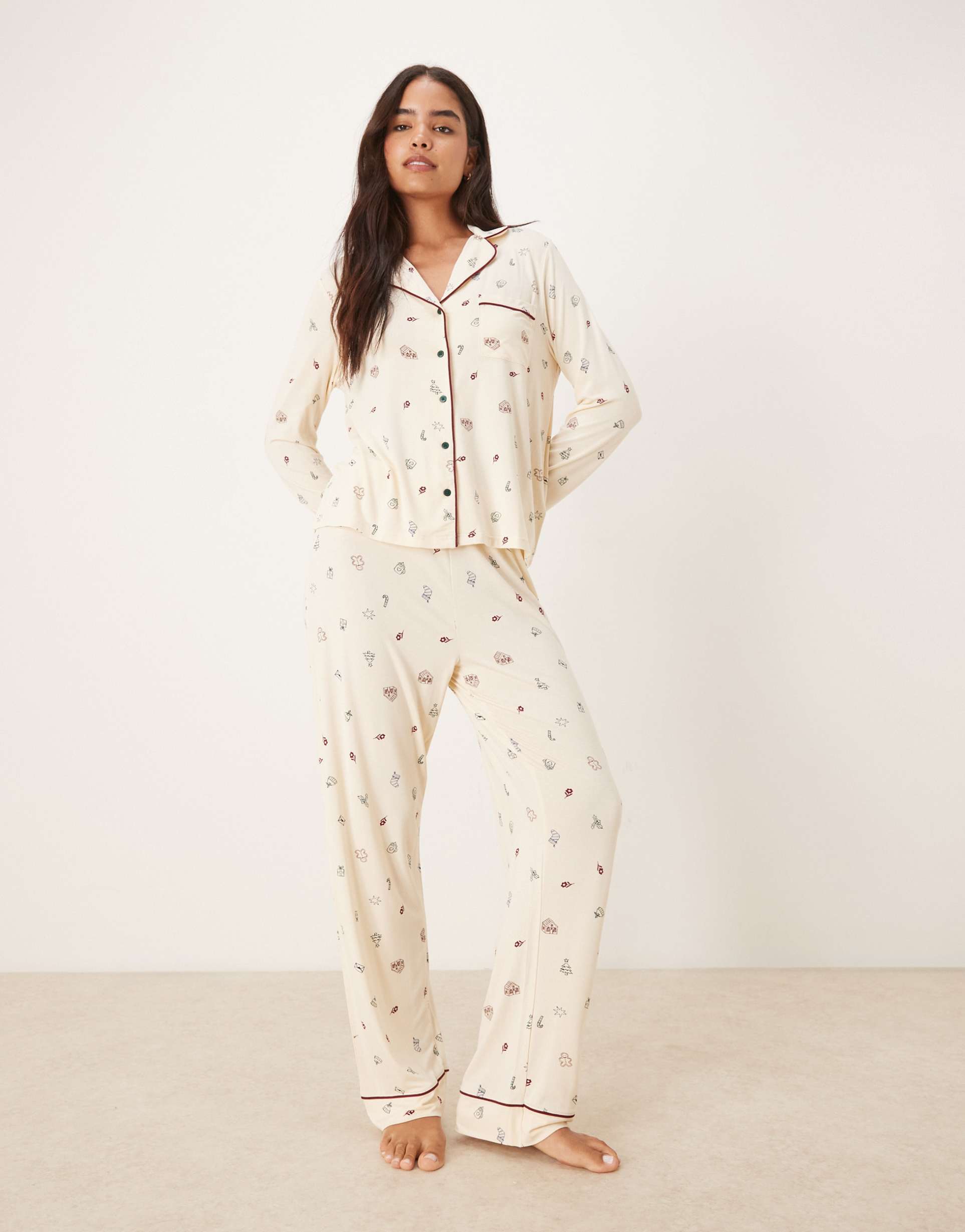 asos design super soft long sleeve shirt & pants pajama set with contrast piping in cream christmas print