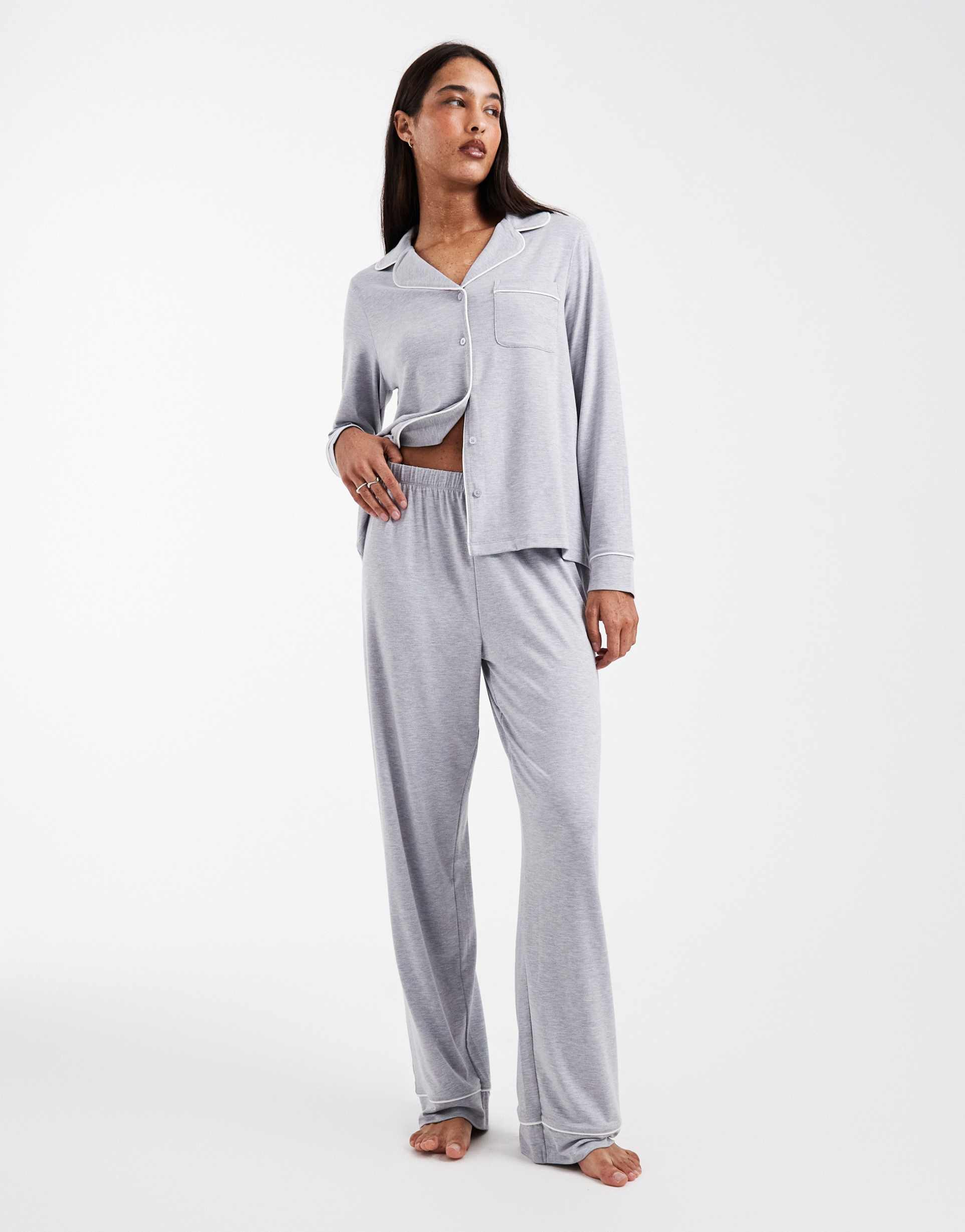 asos design super soft long sleeve shirt & pants pajama set with contrast piping in gray heather