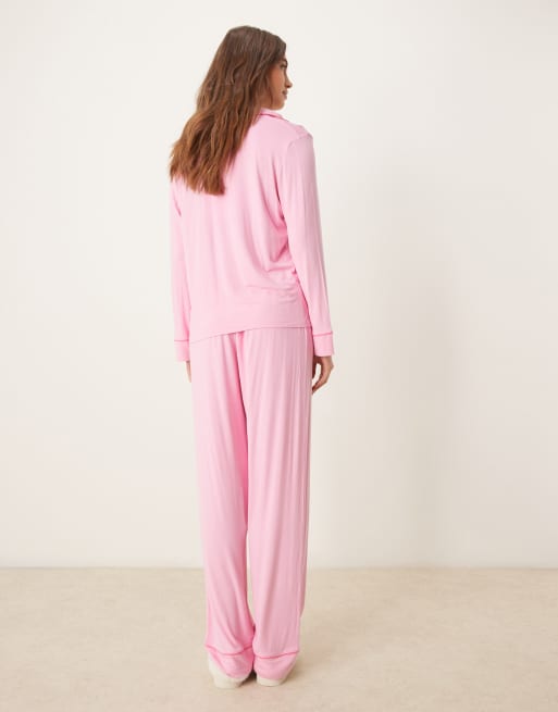 ASOS DESIGN super soft long sleeve shirt & pants pajama set with contrast piping in pink, 3 of 4