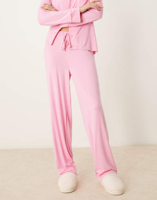 ASOS DESIGN super soft long sleeve shirt & pants pajama set with contrast piping in pink, 4 of 4