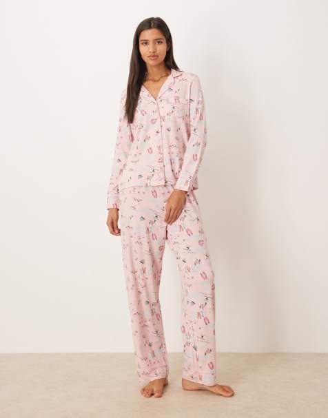 ASOS DESIGN super soft long sleeve shirt & pants pajama set with contrast piping in ski print - view 1