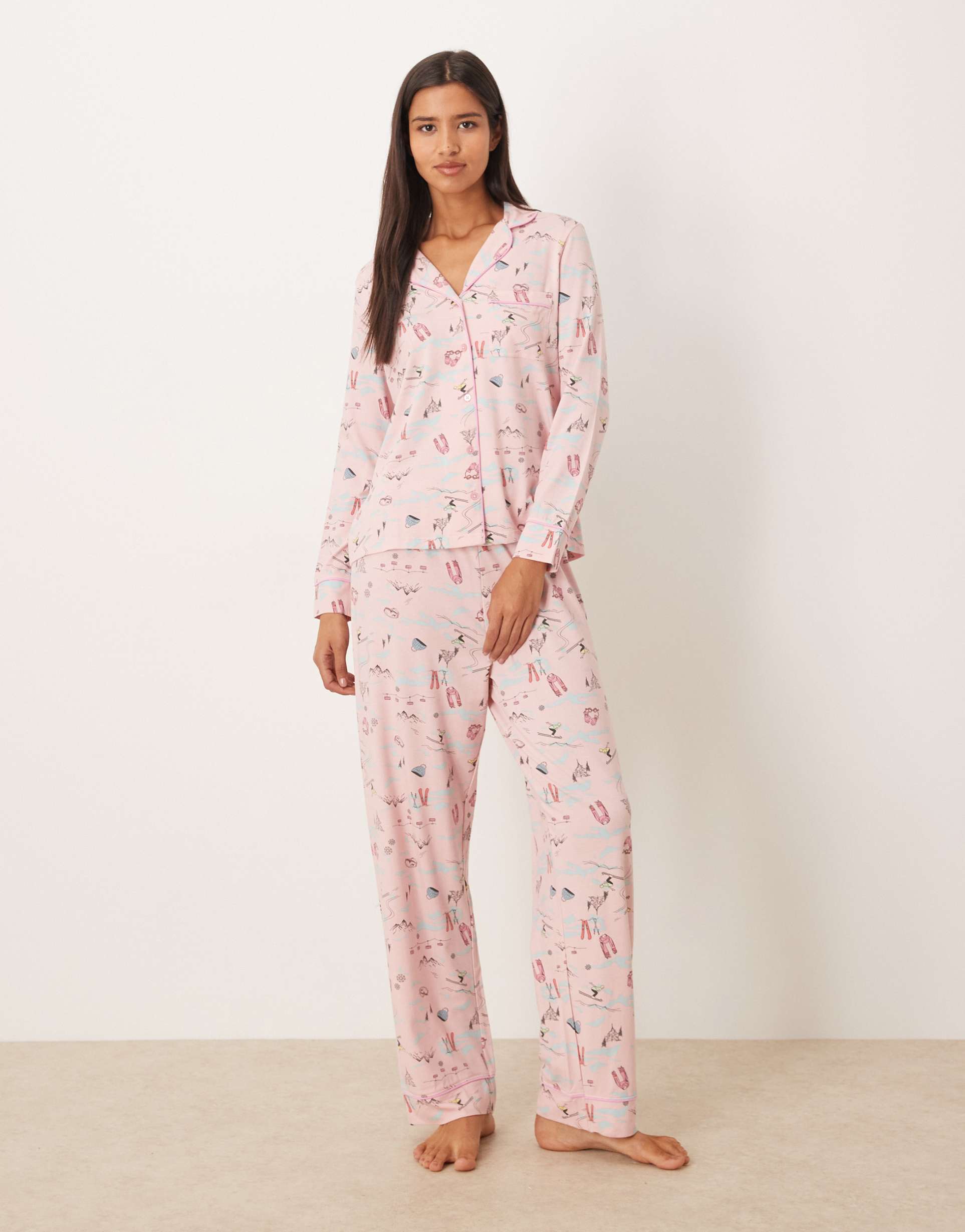 asos design super soft long sleeve shirt & pants pajama set with contrast piping in ski print