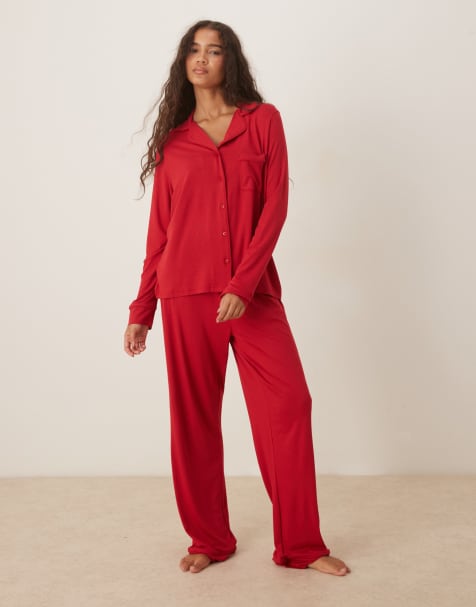 ASOS DESIGN super soft long sleeve shirt & pants pyjama set in red - view 1