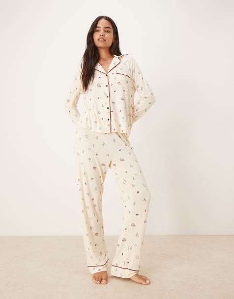 ASOS DESIGN super soft long sleeve shirt & pants pyjama set with contrast piping in cream Christmas print - view 1