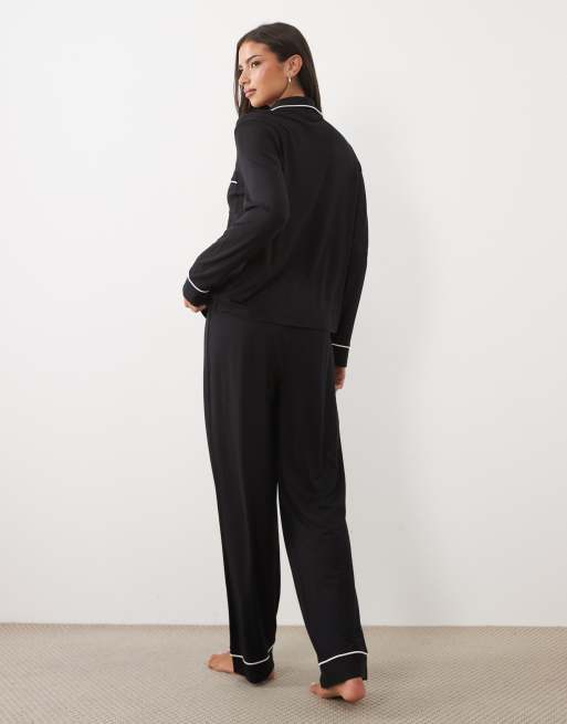 ASOS DESIGN super soft long sleeve shirt & trouser pyjama set in black, 4 of 4