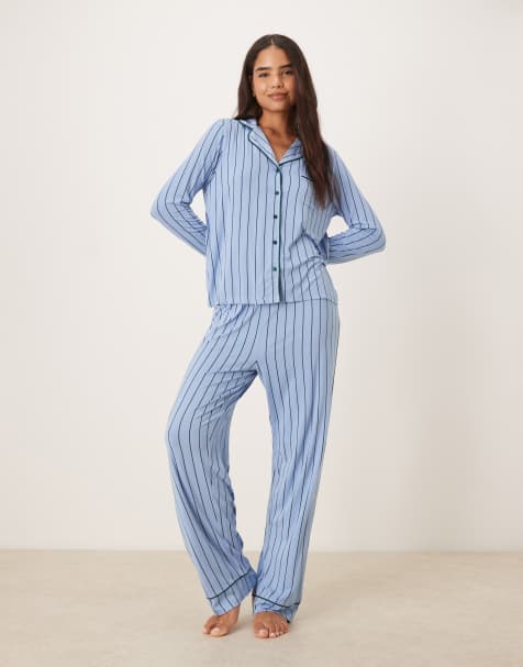 ASOS DESIGN super soft long sleeve shirt & trouser pyjama set with contrast piping in blue & green stripe - view 1