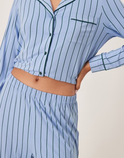 ASOS DESIGN super soft long sleeve shirt & trouser pyjama set with contrast piping in blue & green stripe, 2 of 4