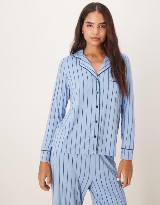 ASOS DESIGN super soft long sleeve shirt & trouser pyjama set with contrast piping in blue & green stripe, 3 of 4