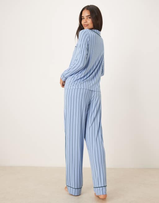 ASOS DESIGN super soft long sleeve shirt & trouser pyjama set with contrast piping in blue & green stripe, 4 of 4