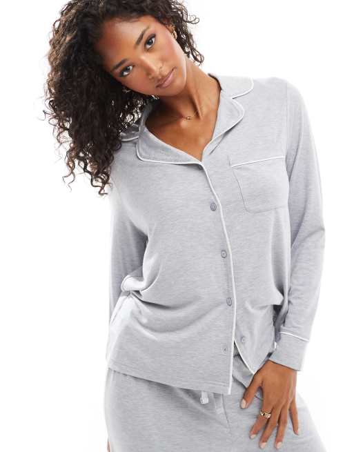 ASOS DESIGN super soft long sleeve shirt & pants pajama set with contrast piping in gray heather