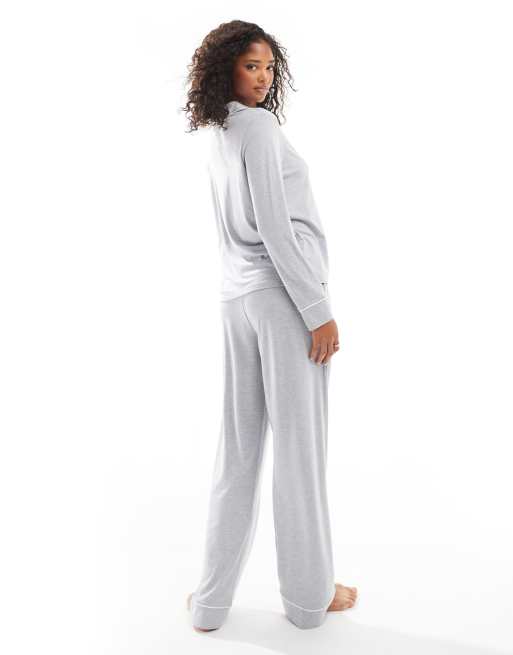 ASOS DESIGN super soft long sleeve shirt & pants pajama set with contrast piping in gray heather