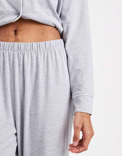 ASOS DESIGN super soft long sleeve shirt & trouser pyjama set with contrast piping in grey marl, 3 of 4
