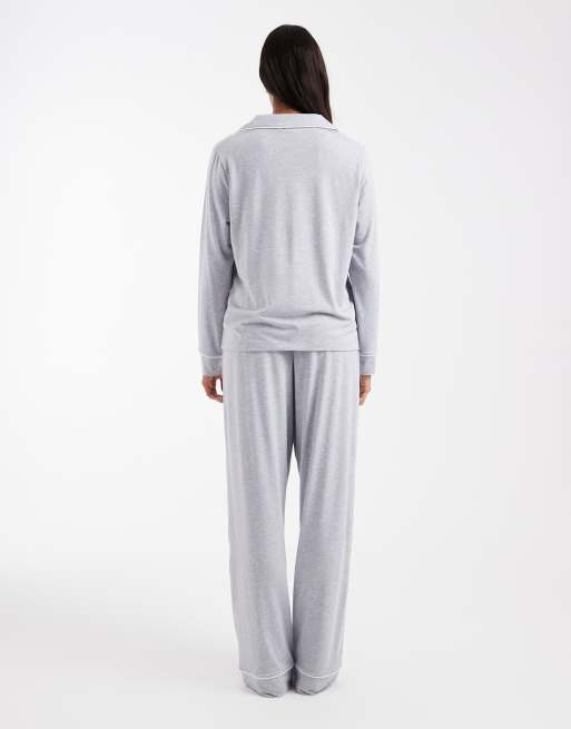 ASOS DESIGN super soft long sleeve shirt & trouser pyjama set with contrast piping in grey marl, 4 of 4