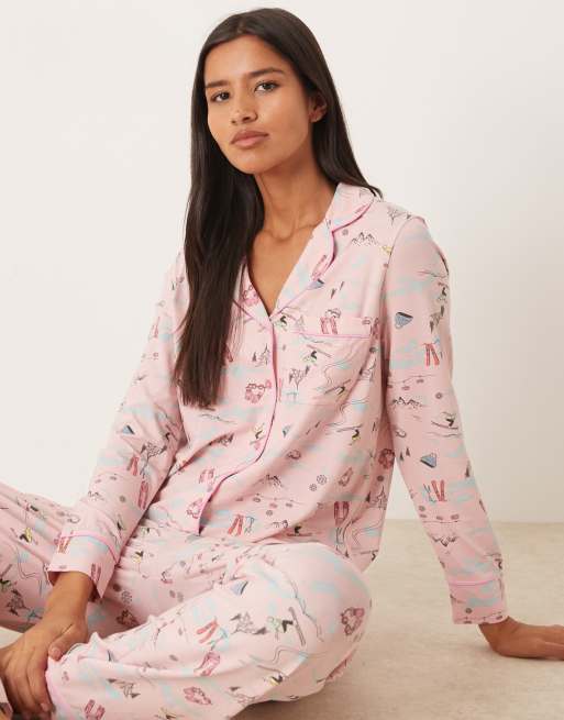 ASOS DESIGN super soft long sleeve shirt & trouser pyjama set with contrast piping in ski print, 2 of 4