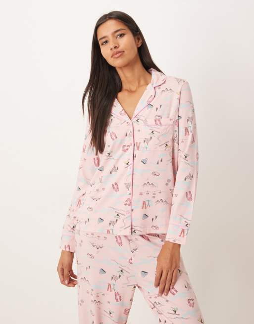 ASOS DESIGN super soft long sleeve shirt & trouser pyjama set with contrast piping in ski print, 3 of 4
