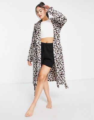 ASOS DESIGN super soft natural leopard fleece midi robe in brown - ASOS Price Checker