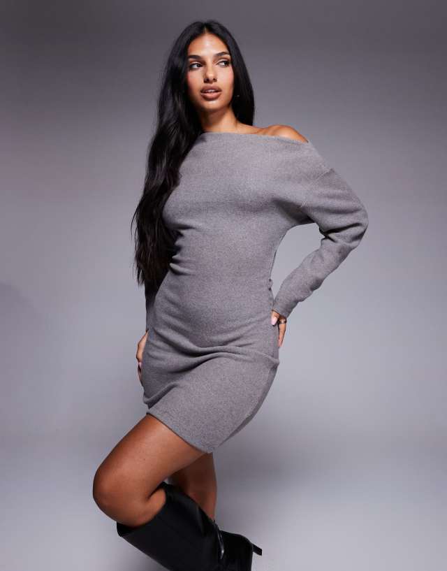 ASOS DESIGN super soft off-shoulder mini dress in gray heather