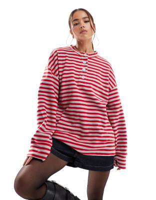 super soft oversized henley in red and charcoal stripe-Multi