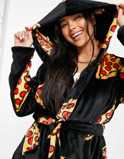 ASOS DESIGN super soft pizza fleece robe in black