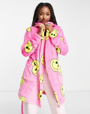 ASOS DESIGN super soft pop smile fleece mini robe in pink
