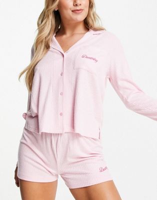 ASOS DESIGN super soft rib dreaming shirt & short pyjama set in pink