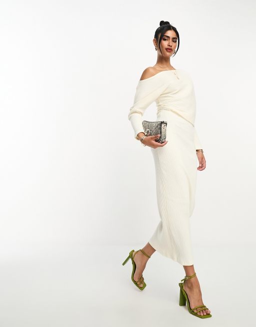 ASOS DESIGN super soft rib midi jumper dress with fallen shoulder in winter white