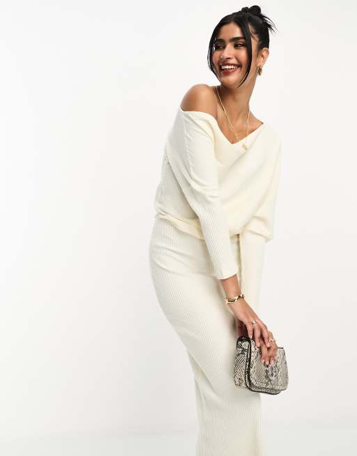 ASOS DESIGN super soft rib midi jumper dress with fallen shoulder in winter white, 2 of 4