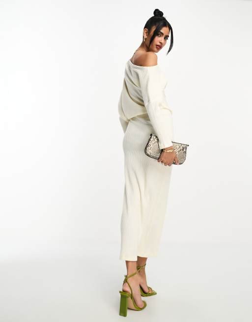 ASOS DESIGN super soft rib midi jumper dress with fallen shoulder in winter white, 3 of 4