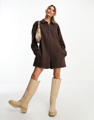 ASOS DESIGN super soft rib playsuit with long sleeve in chocolate