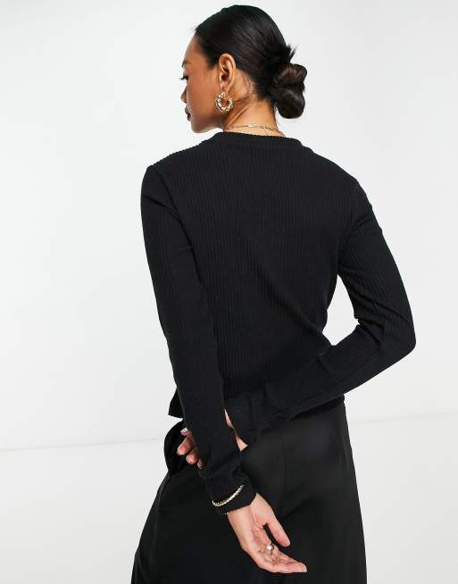 Petite Black Ribbed Seam Detail Long Sleeve Top