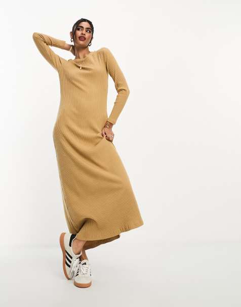 ASOS DESIGN super soft ribbed crew neck midi dress with long sleeve in camel - view 1