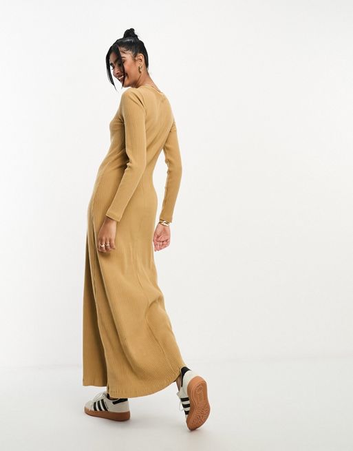 ASOS DESIGN super soft ribbed crew neck midi dress with long sleeve in camel