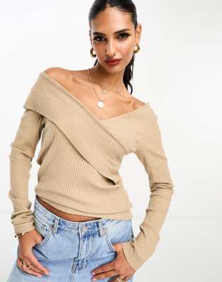 Asos Design Super Soft Ribbed Cross Front Top In Camel-brown