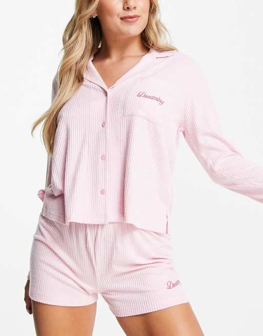 ASOS DESIGN super soft ribbed dreaming shirt & shorts pajama set in pink