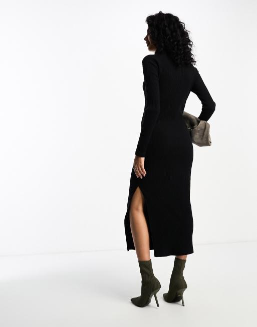 Black Square Neck Brushed Rib Midi Dress