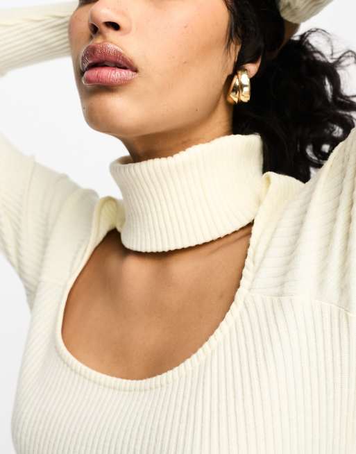 ASOS DESIGN super soft ribbed long sleeve fitted midi dress with choker detail in winter white ASOS