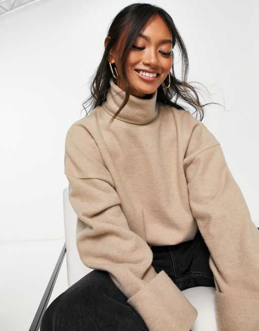 ASOS DESIGN super soft roll neck jumper with cuff detail in camel marl ASOS