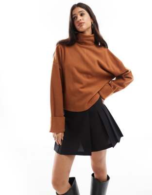 ASOS DESIGN super soft roll neck jumper with cuff detail in mocha-Brown