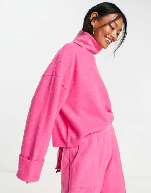 ASOS DESIGN super soft roll neck jumper with cuff detail in pink (part of a set)