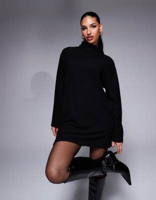 super soft roll neck slouchy mini dress in black