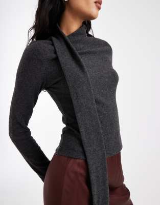 Asos Design Super Soft Scarf Detail Long Sleeve Top In Gray