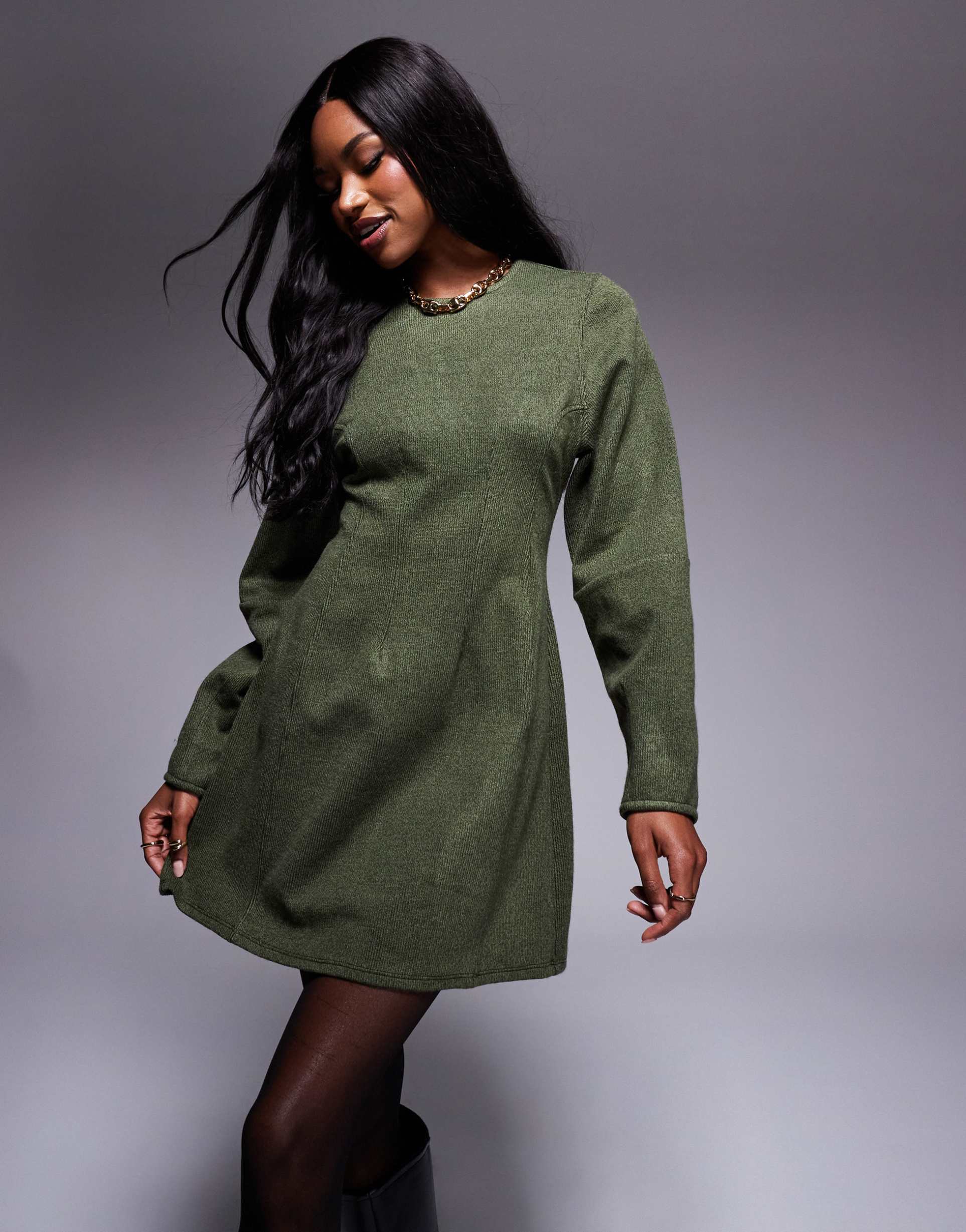asos design super soft seamed detail cocoon sleeve mini dress in khaki