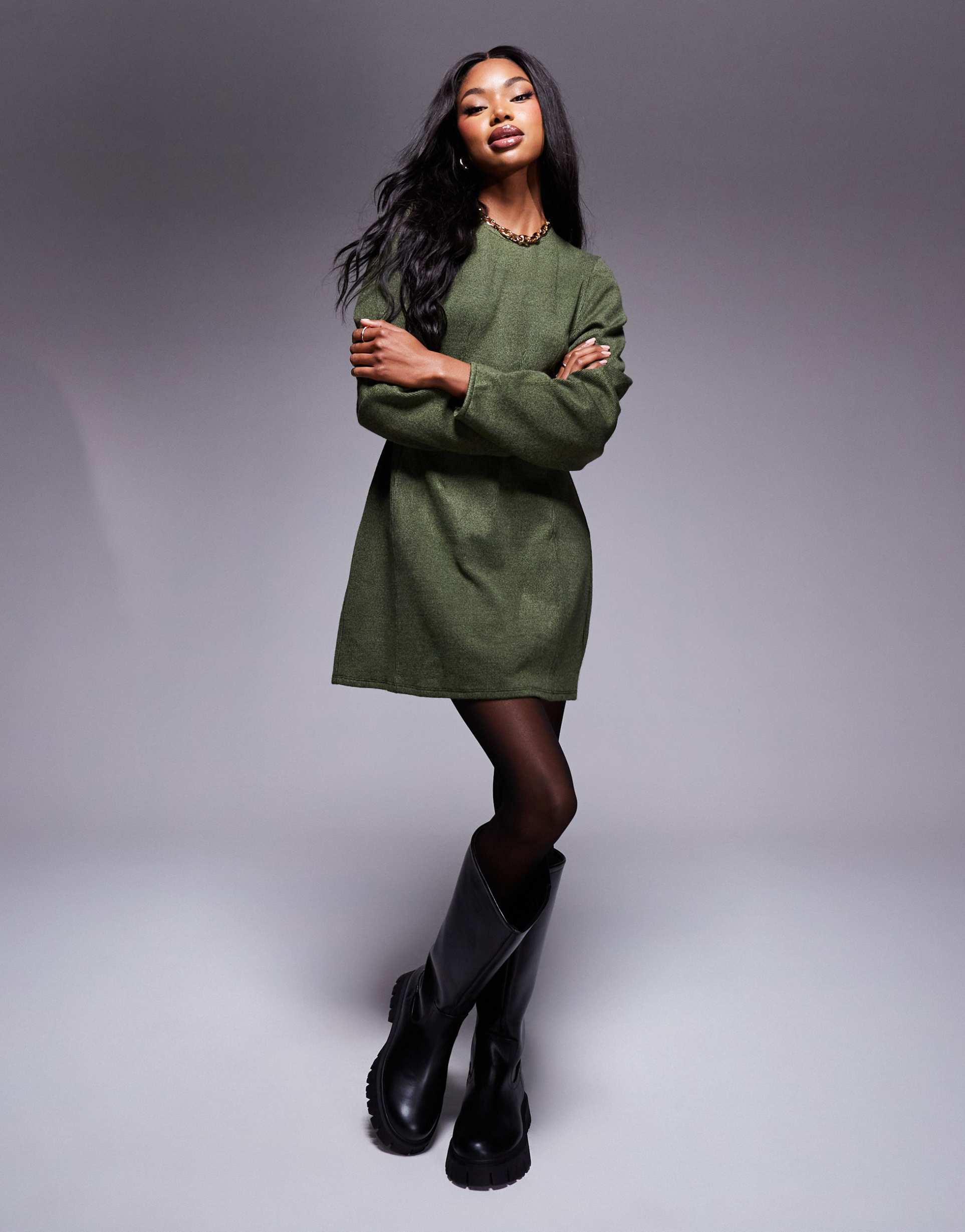 asos design super soft seamed detail cocoon sleeve mini dress in khaki