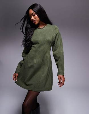 super soft seamed detail cocoon sleeve mini dress in khaki-Green